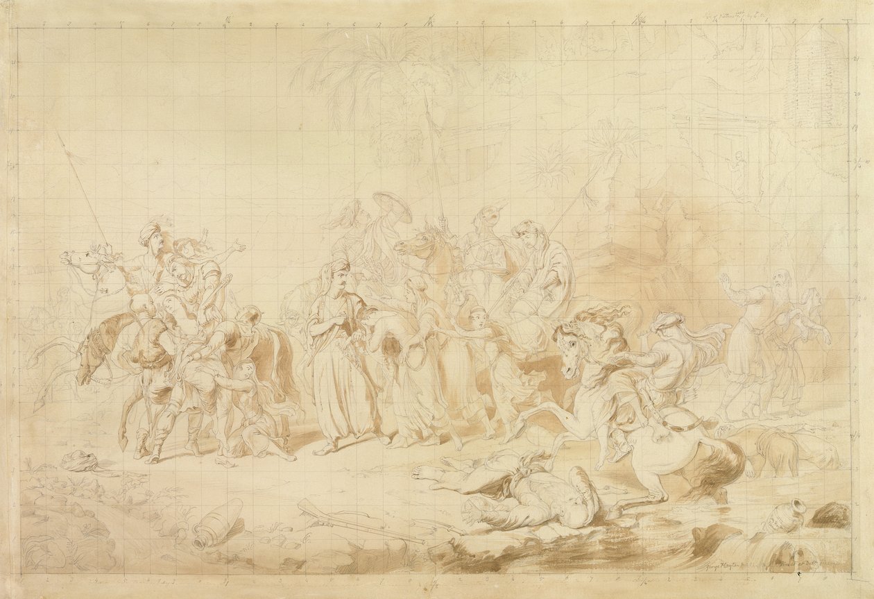 اللصوص الكردستانيون يساعدون الجورجيين في مفاجأة وحمل النساء الشركسيات حوالي 1827-28 (قلم وحبر بني على ورق منسوج) بواسطة جورج هايتر