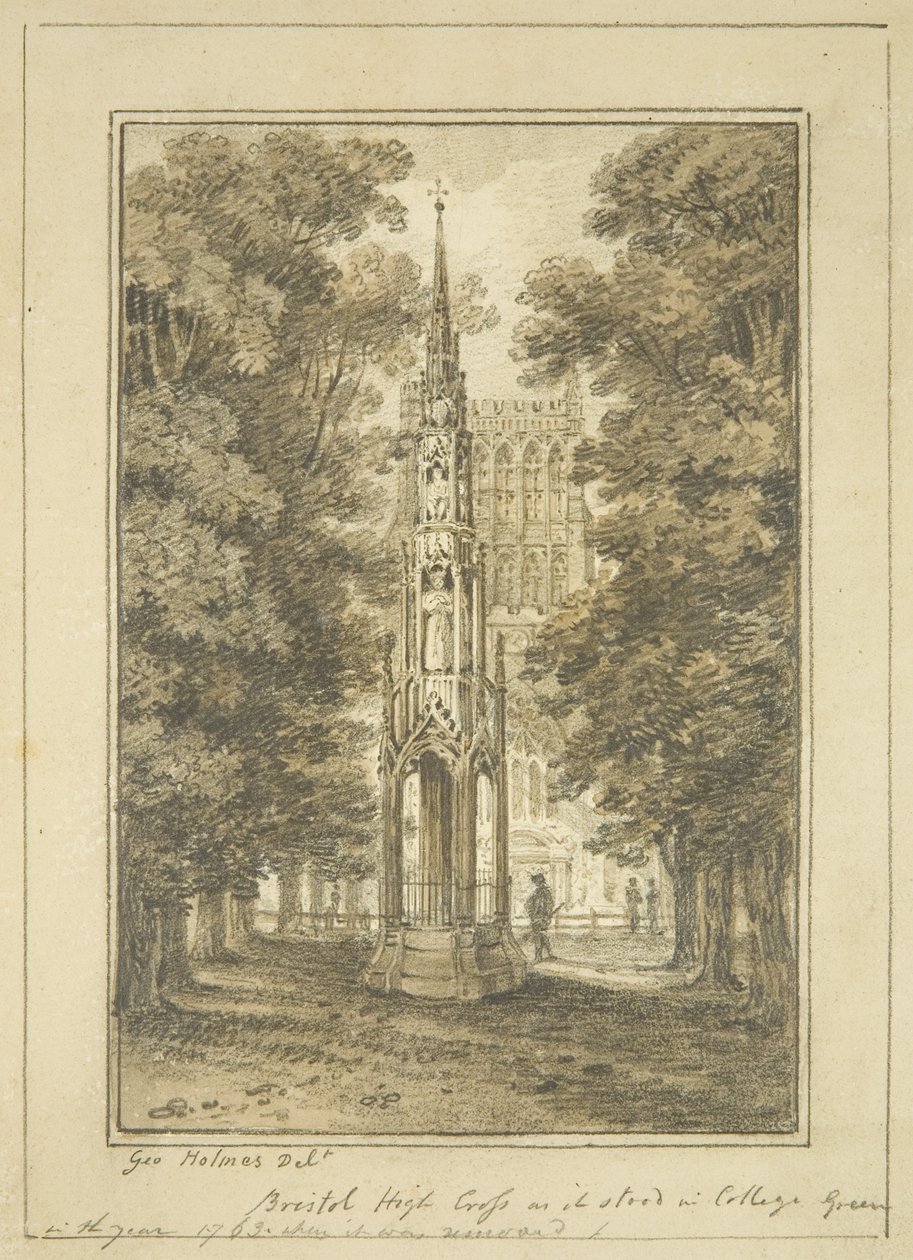 Bristol High Cross كما كانت في College Green في عام 1763 (قلم رصاص وألوان مائية على ورق) بواسطة جورج هولمز