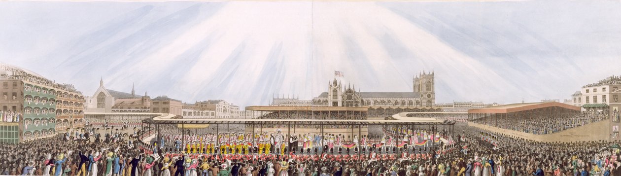 منظر موكب التتويج للملك جورج الرابع من قاعة ويستمينستر إلى الدير ، 19 يوليو 1821 (aquatint) بواسطة جورج همفري