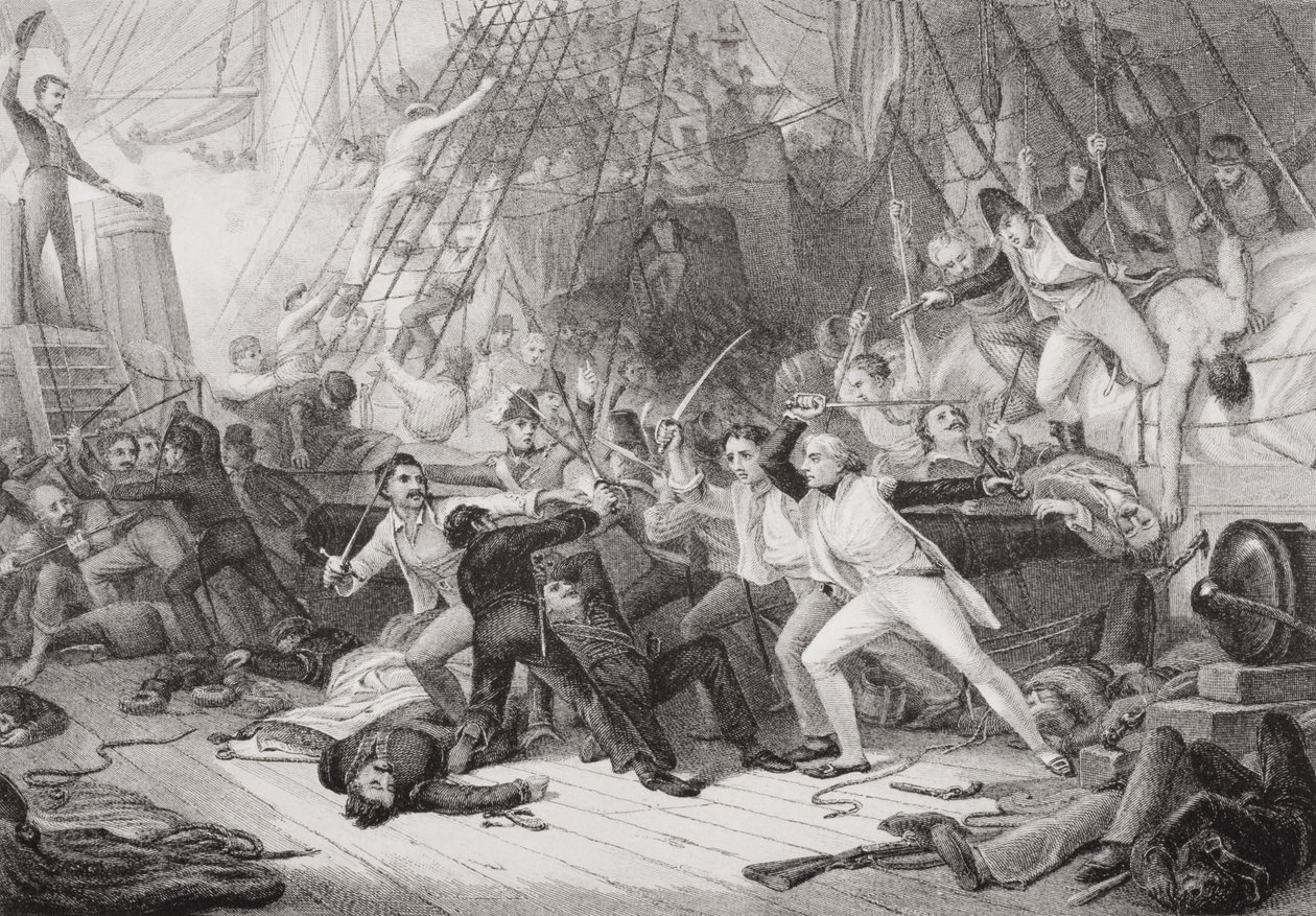 نيلسون يركب سان جوزيف في معركة سانت فنسنت ، 14 فبراير 1797 ، من `` الرسوم التوضيحية الإنجليزية والتاريخ الاسكتلندي &39;&39; المجلد الثاني بواسطة جورج جونز