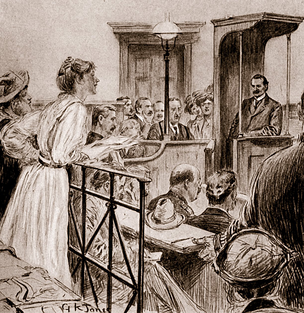 ملكة جمال كريستابل بانكهيرست تستجوب السيد هربرت جلادستون ، 1909 (رسم) بواسطة جورج كينغستون جونز