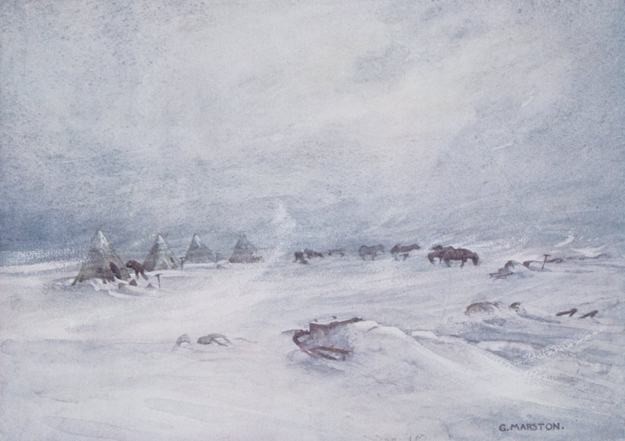 عاصفة ثلجية على الحاجز ، رسم توضيحي من "نمرود في القطب الجنوبي 1907-09" بقلم السير إرنست شاكلتون (1874-1922) بواسطة جورج مارستون