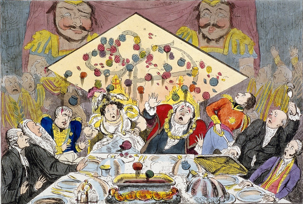 "الدهن المدني - أو - كارثة يوم اللورد مايور 1827 ، بنصيحة جيلدهول" ، 1827 بواسطة جورج موتارد وودوارد