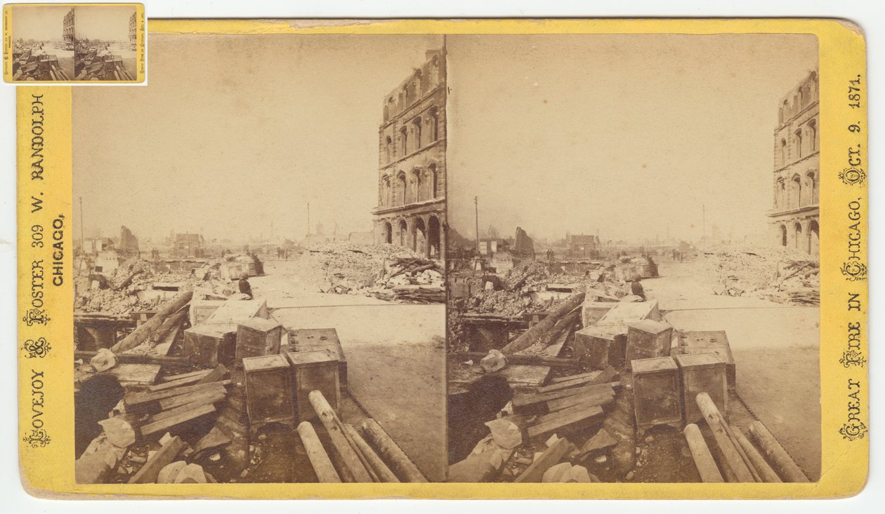 صورة مجسمة للخزائن المأخوذة من الأنقاض في شارع ديربورن بعد حريق شيكاغو عام 1871 ، 1871 (صورة وزن الجسم على حامل البطاقة) بواسطة جورج إن بارنارد
