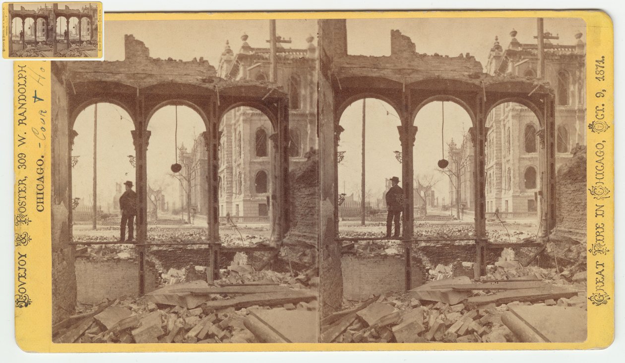 صورة مجسمة للمحكمة كما تظهر من خلال أنقاض الجانب الشرقي من شارع كلارك بعد حريق شيكاغو عام 1871 ، 1871 (صورة من وزن الجسم على حامل البطاقة) بواسطة جورج إن بارنارد