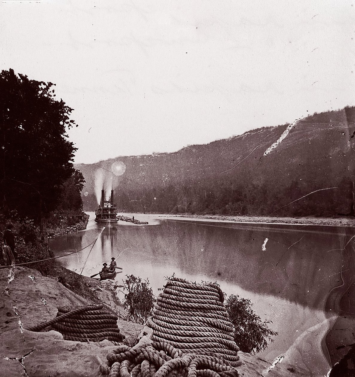 وسائل النقل الأمريكية في رابيدز ، نهر تينيسي The Suck - Tennessee River أسفل Chattanooga ... ، كاليفورنيا. 1864. بواسطة جورج إن بارنارد