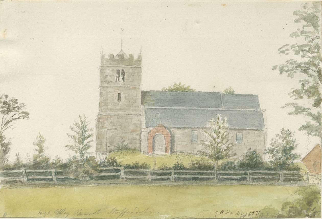 High Offley Church: لوحة ألوان مائية ، 1821 بواسطة جورج بيرفكت هاردينج