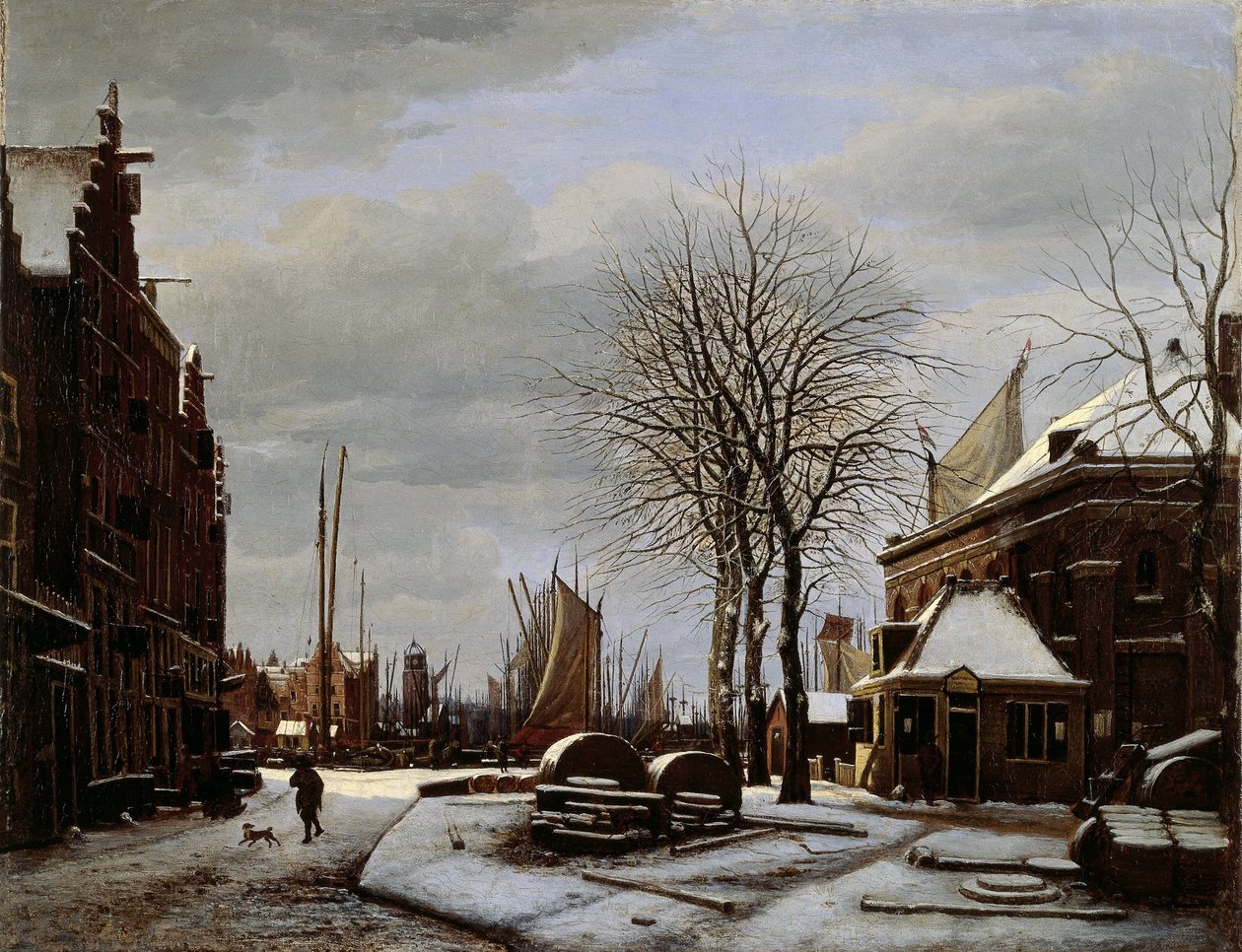 Slijpsteenmarkt (سوق Whetstone) في أمستردام مع مبنى "Het Zeerecht" في الشتاء (The Slypsteenen at Amsterdam) بواسطة جورج بيتر ويستنبرغ