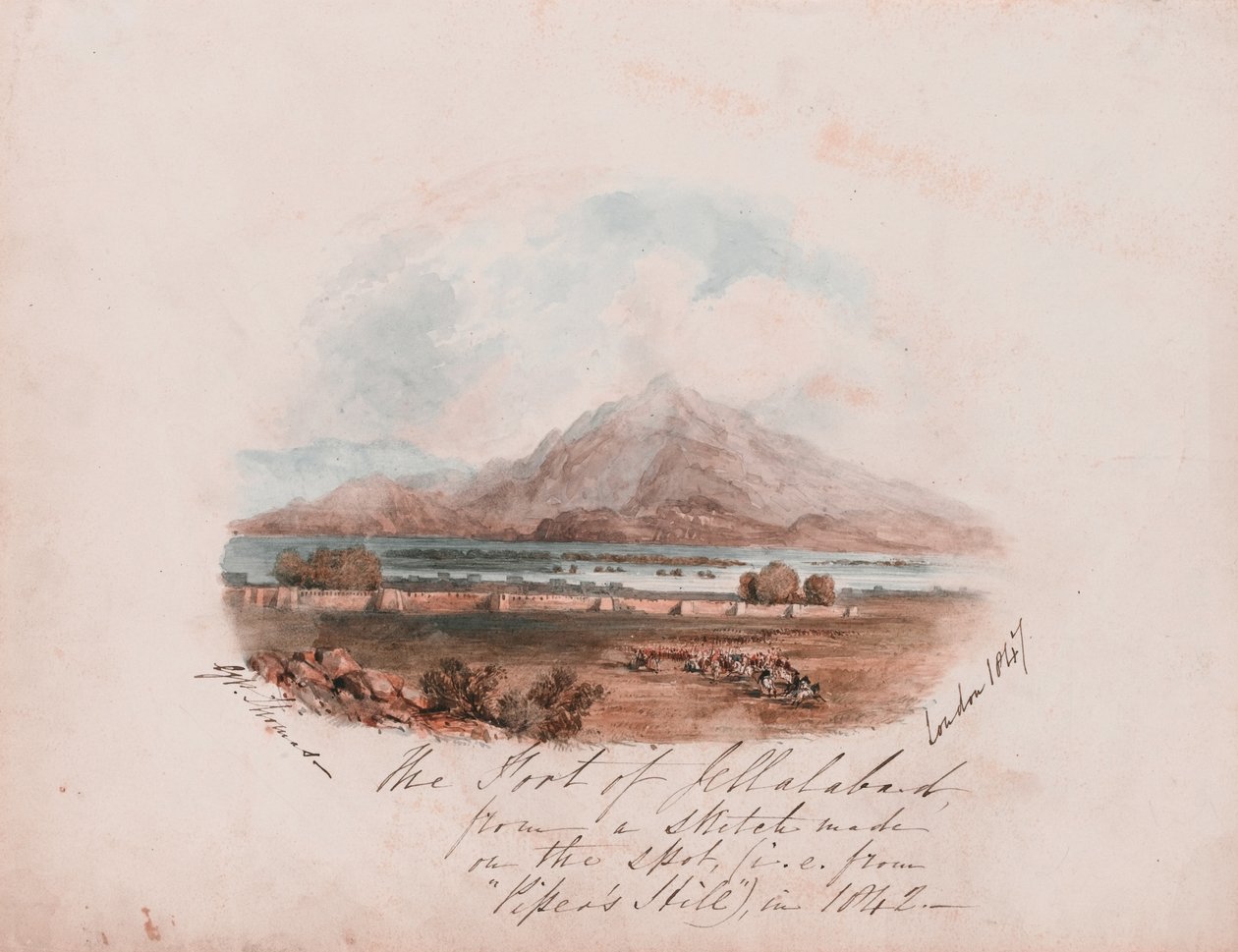 "حصن جلال أباد من رسم تم إنشاؤه على الفور (أي من" تل الزمار ") عام 1842" (ألوان مائية) بواسطة جورج باول توماس
