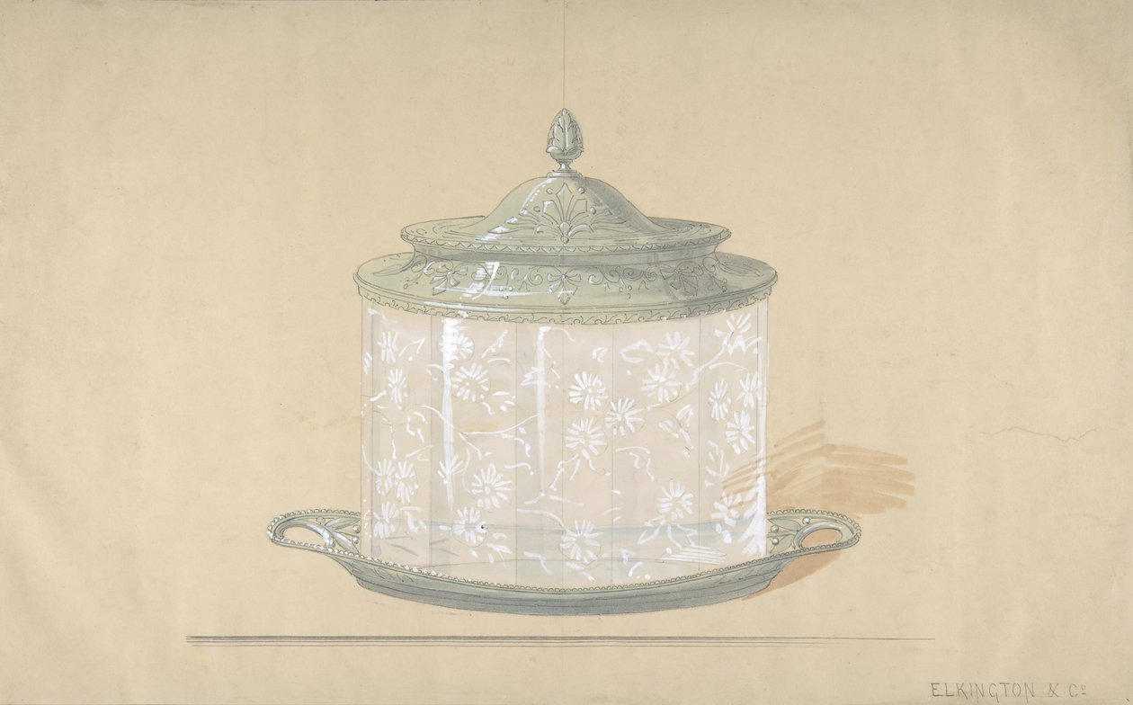 تصميم علبة زجاجية بقاعدة وغطاء فضي ، 1820-65. بواسطة جورج ريتشاردز إلكينجتون