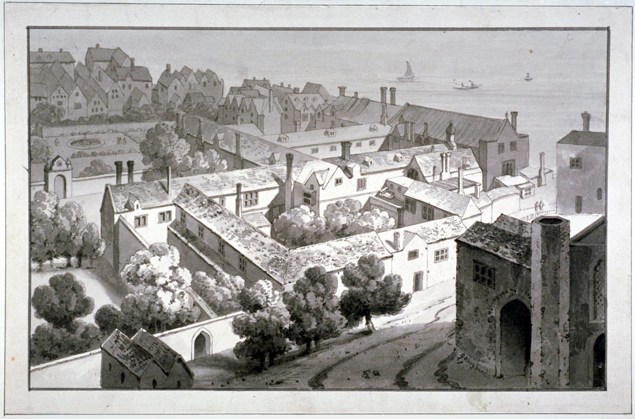 منظر من أعلى لقصر أسقف وينشستر ، ساوثوارك ، لندن ، حوالي عام 1820. بواسطة جورج شيبرد