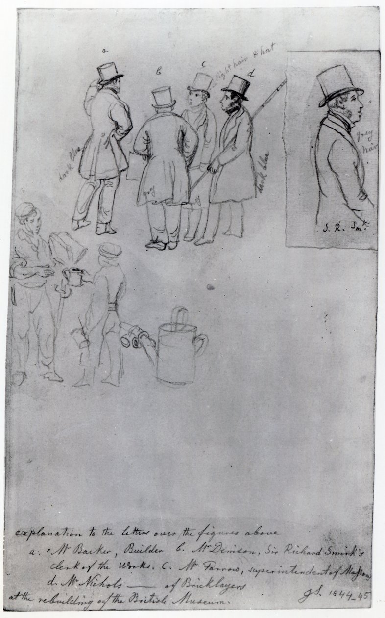 بناة ومساحون في إعادة بناء المتحف البريطاني ، 1844 (قلم رصاص على ورق) بواسطة جورج سنر شارب