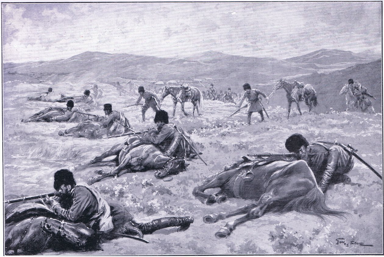 القوزاق وحصانه: جهاز لتأمين الغطاء أثناء المناوشات ، رسم توضيحي من Casells History of Russo-Japanese War Vol 1 ، c.1900 بواسطة جورج صوبر
