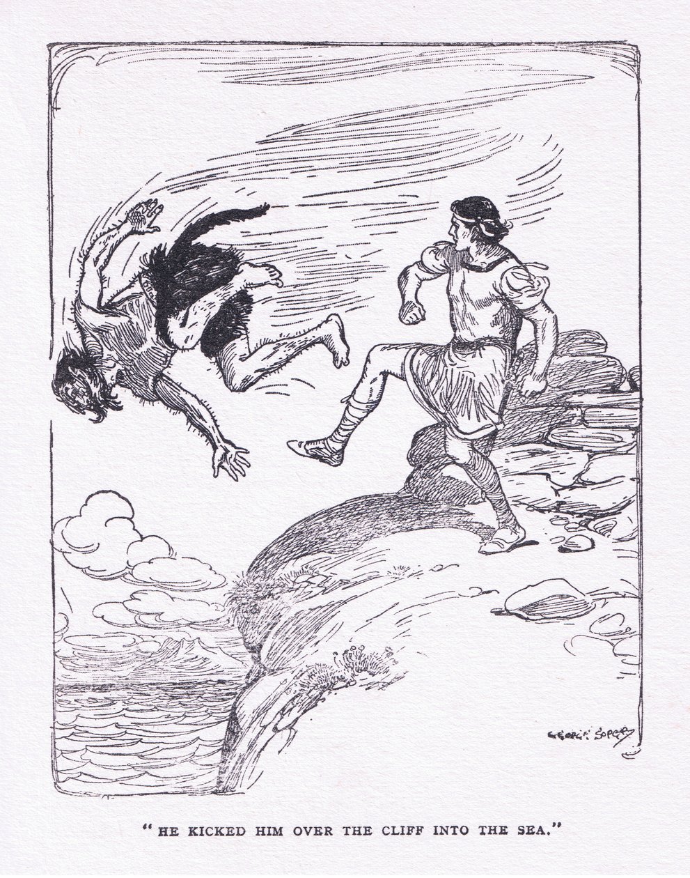 ركله فوق الجرف في البحر ، من كتاب الأبطال الذي نشره جورج ألين وأونوين 1929 (لون ليثو) بواسطة جورج صوبر