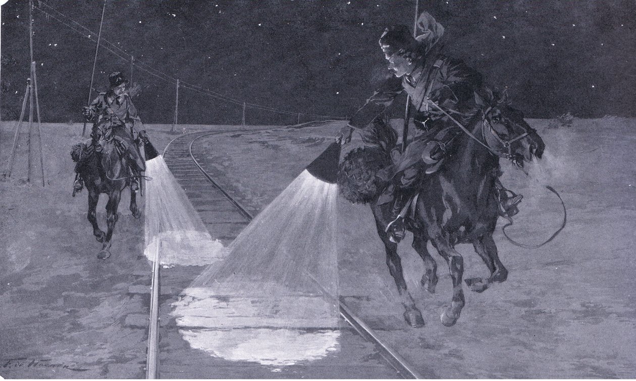 على سكة حديد مانشوريان: دورية ليلية ، رسم توضيحي من Casells History of Russo-Japanese War Vol 1 ، c.1900 بواسطة جورج صوبر
