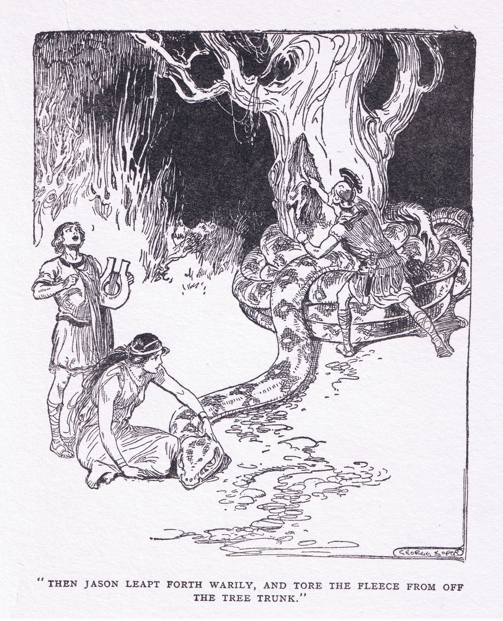 Then Jason leapt forth wearily, and tore the fleece off the tree trunk, from The Heroes published by George Allen and Unwin 1929 (litho) بواسطة جورج صوبر