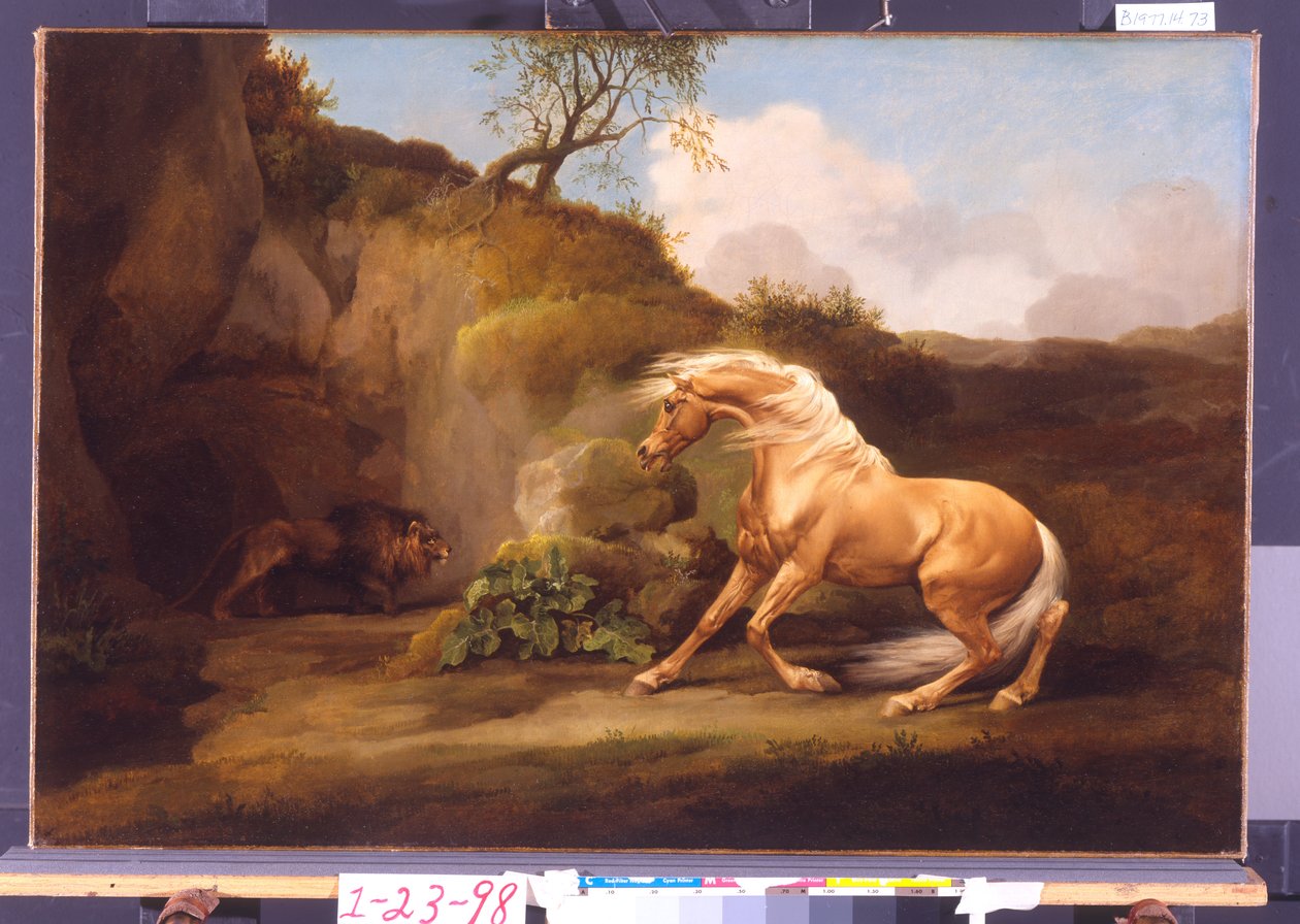 حصان خائف من أسد ، c.1790-5 بواسطة جورج ستابس
