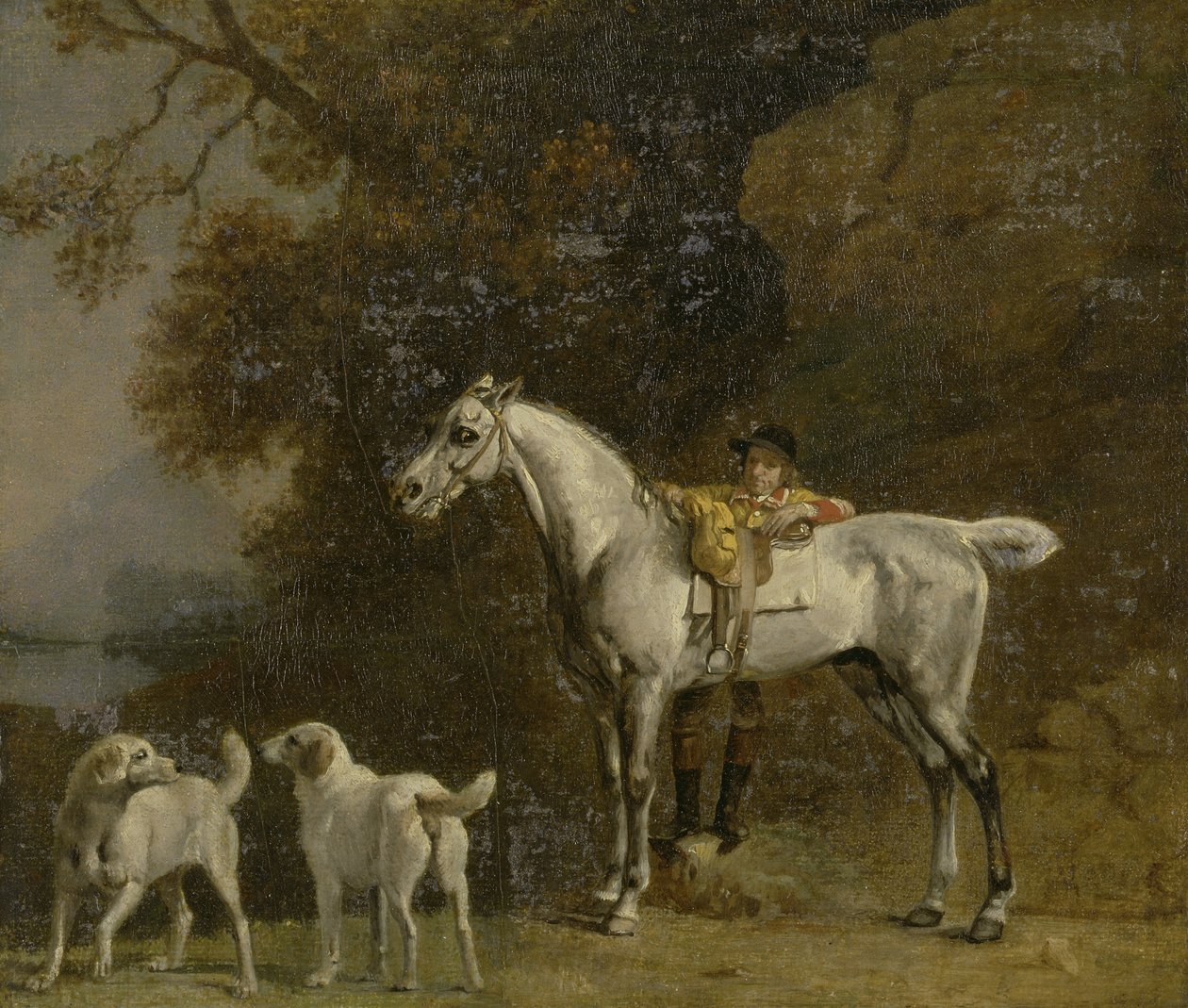 Huntsman with a Gray Hunter و Two Foxhounds: تفاصيل من صورة Goodwood &39;Hunting&39; بواسطة جورج ستابس
