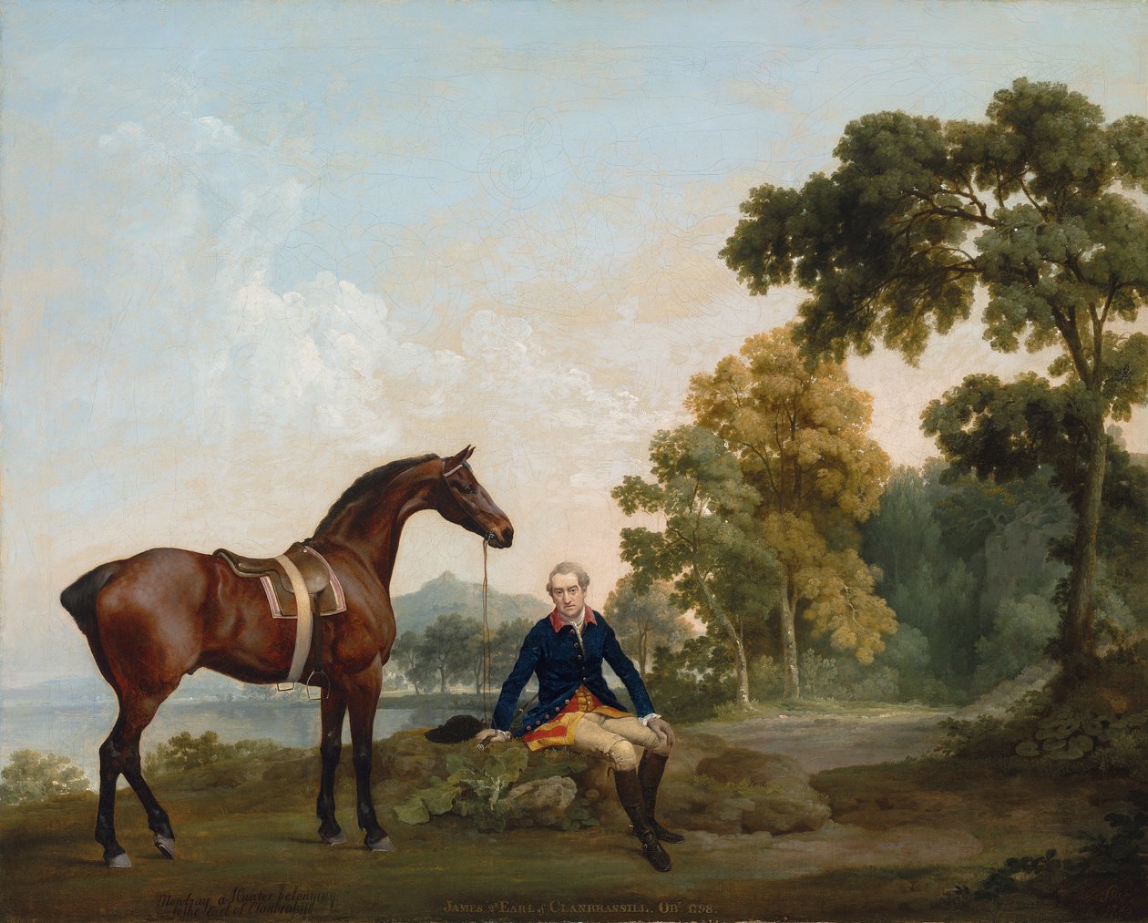 جيمس هاميلتون ، إيرل كلانبراسيل الثاني (1730-1798) ، مع صائده في الخليج موبراي ، يستريح على طريق مشجر بجانب بحيرة بواسطة جورج ستابس