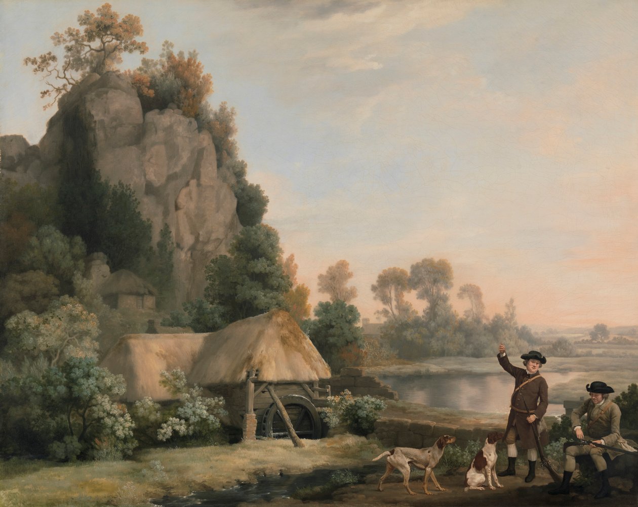 اثنان من السادة يطلقون النار مع إطلالة على Creswell Crags ، تم التقاطهما على الفور بواسطة جورج ستابس