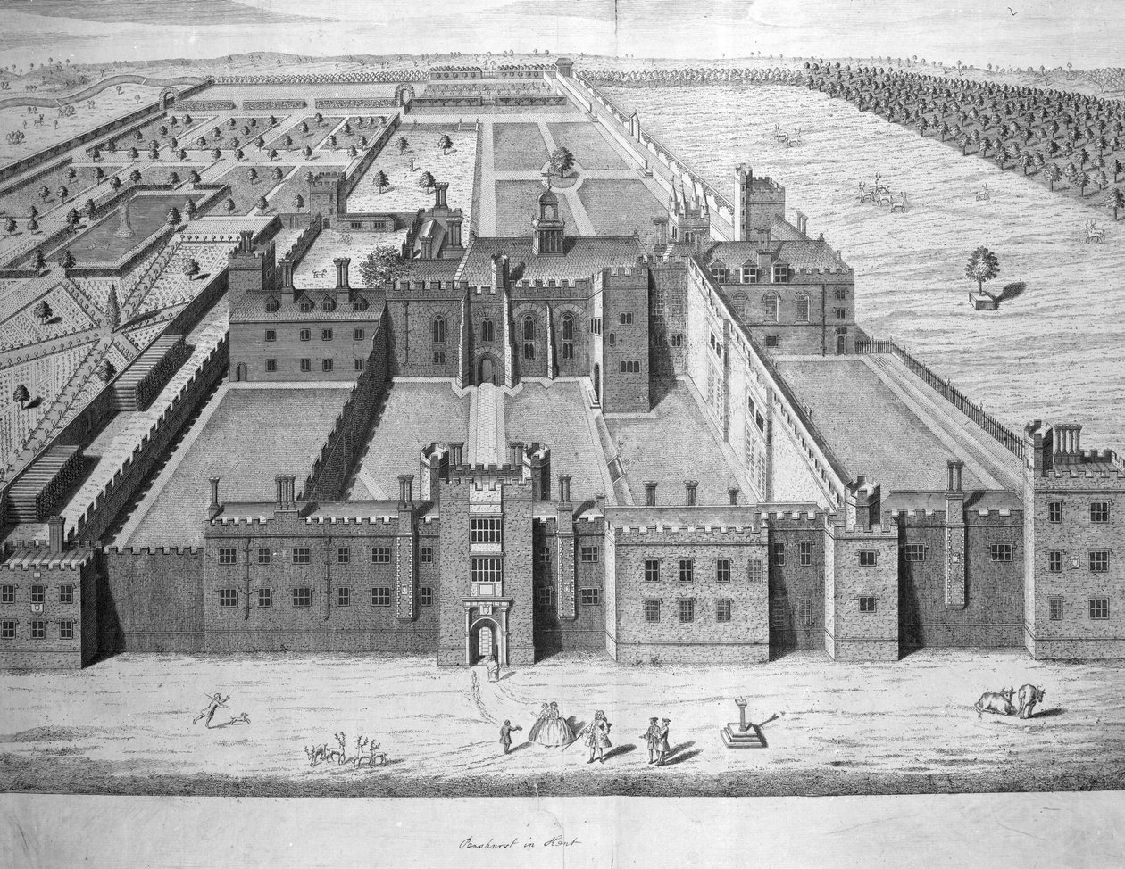 Penshurst Place ، من "التاريخ والمسح الطوبوغرافي لمقاطعة كينت" بقلم إدوارد هالستيد ، 1747 بواسطة جورج فيرتو
