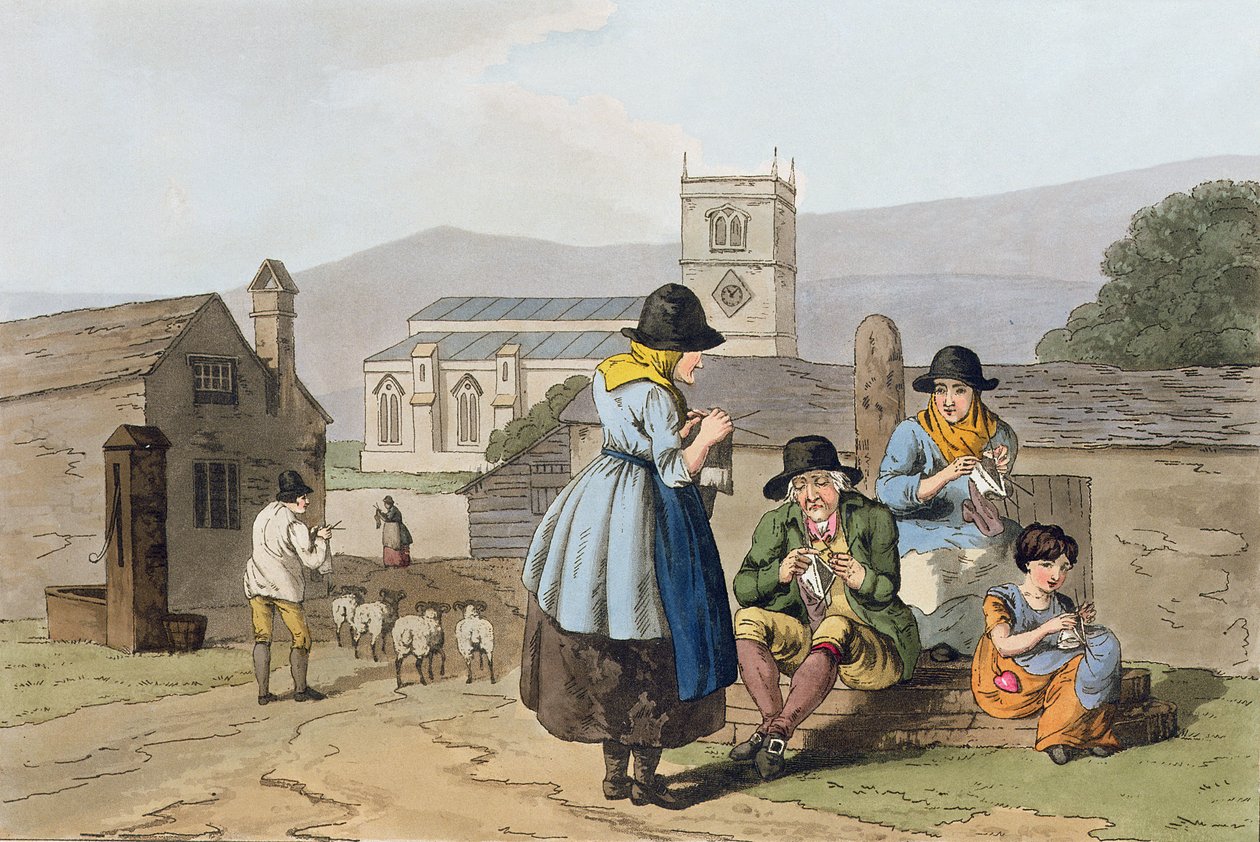 Wensleydale knitters ، من `Costume of Yorkshire &39;منقوش بواسطة Robert Havell (1769-1832) 1814 بواسطة جورج ووكر