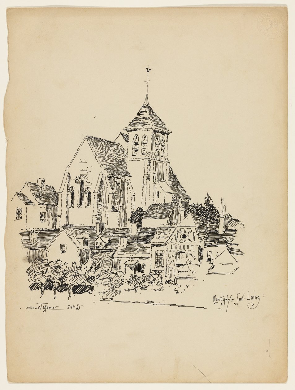 الكنيسة في Montigny-Sur-Loing ، فرنسا ، رسم السفر بواسطة جورج واشنطن ماهر