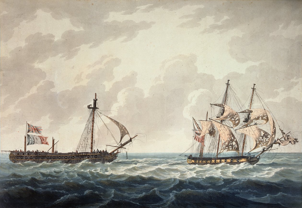 Sloop صاحب الجلالة ، Bonne Citoyenne ، مع الفرقاطة الفرنسية ، La Furieuse ، معًا بعد عمل 6 يوليو 1809 ، الذي نقشه R und D Havell ، نشره روبرت كريب في عام 1810 بواسطة جورج ويبستر