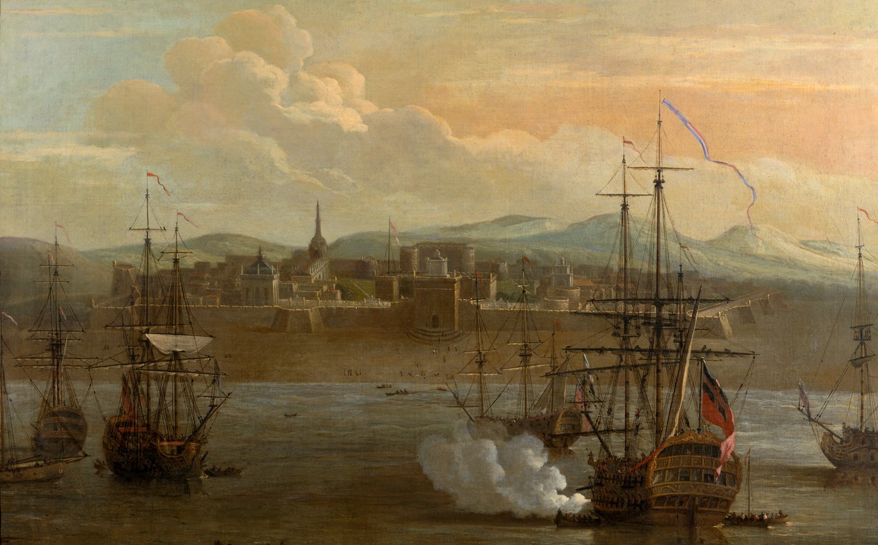 لوحة لحصن سانت جورج في مدراس، الهند. في عام 1731. حصن عسكري وميناء به سفن. إطلاق مدفع السفينة. دخان. معركة. بواسطة جورج وسكوت صموئيل (1710 72) لامبرت