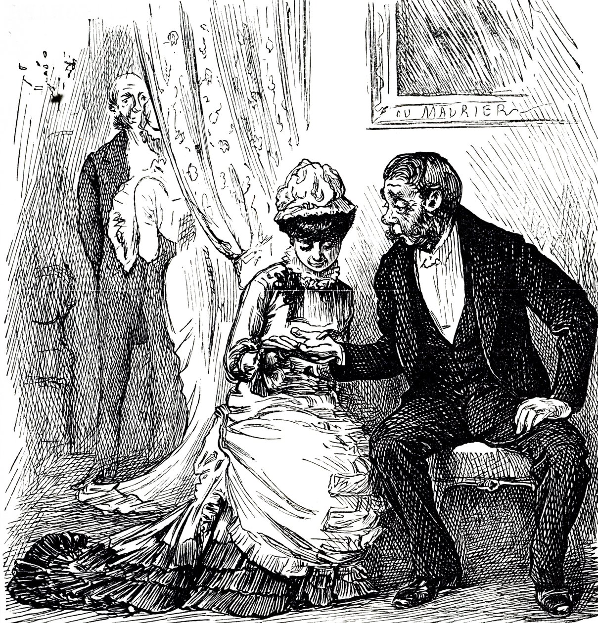 رسم كاريكاتوري يعلق على شعبية قراءة الكف بين الأثرياء. يتضح من جورج دو مورييه (1834-1896) رسام كاريكاتير ومؤلف فرنسي بريطاني بواسطة جورج دو مورير