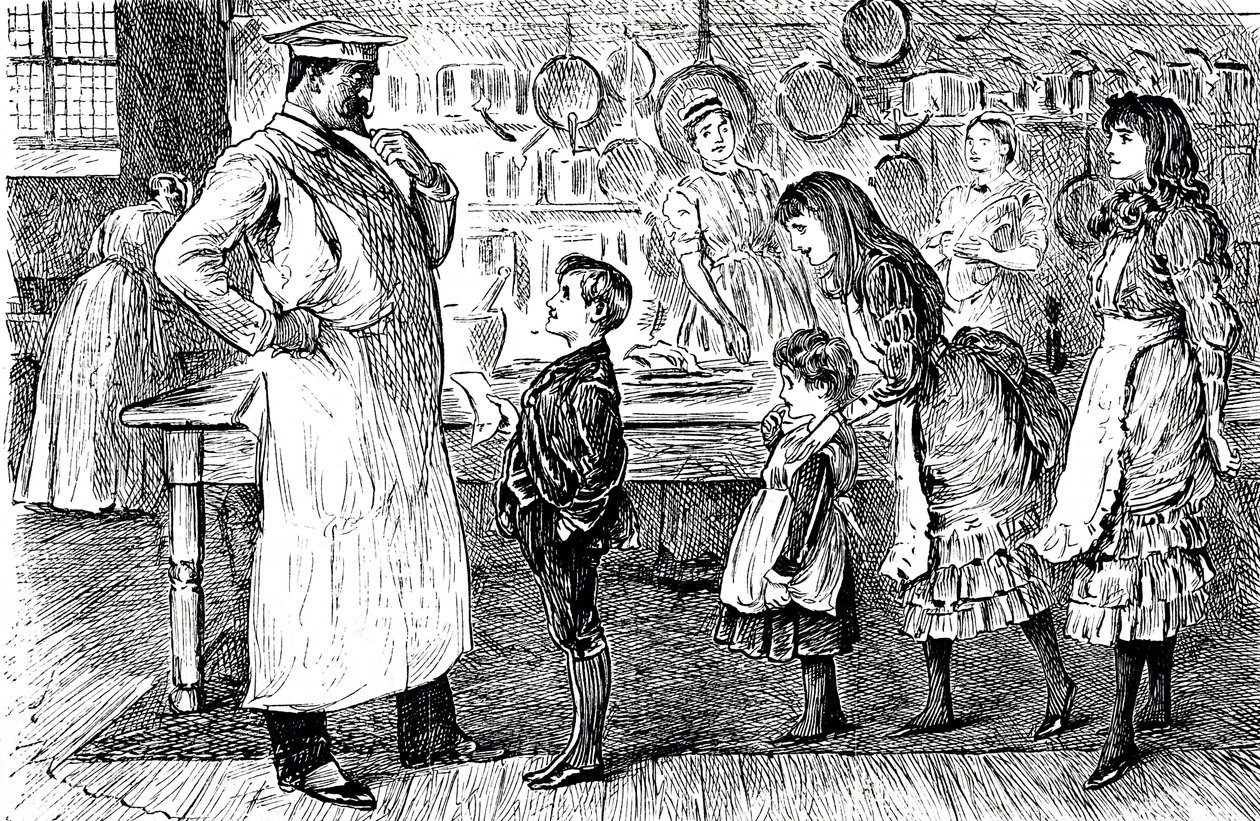 رسم كاريكاتوري يصور طاهياً يتلقى أوامر من أطفال المنزل. رسمه جورج دو مورييه (1834-1896) رسام كاريكاتير ومؤلف فرنسي بريطاني بواسطة جورج دو مورير