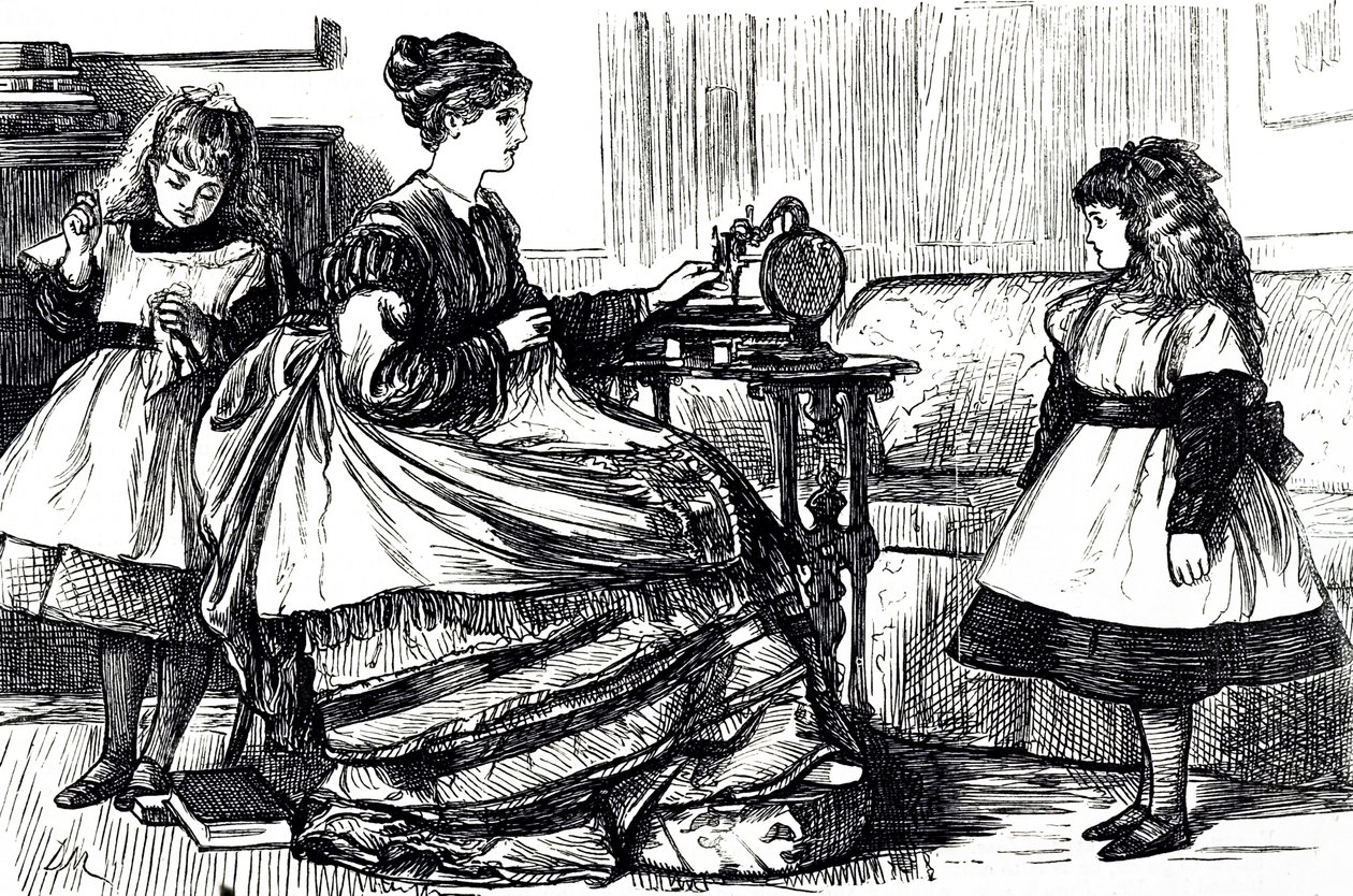 رسم كاريكاتوري يصور أم شابة تستخدم ماكينة خياطة. رسمه جورج دو مورييه (1834-1896) رسام كاريكاتير ومؤلف فرنسي بريطاني بواسطة جورج دو مورير