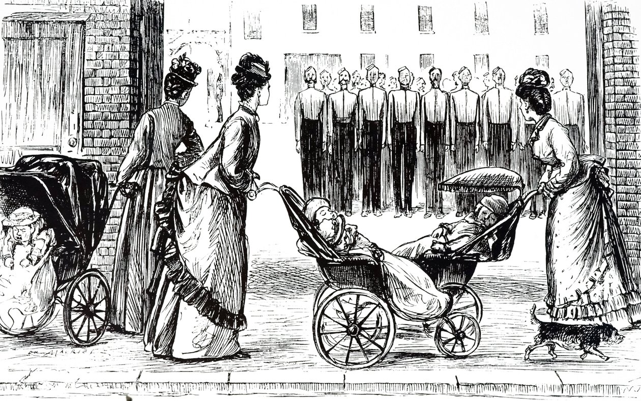 نقش يصور الممرضات وهم يجرون الأطفال في جولات. رسمه جورج دو مورييه (1834-1896) رسام كاريكاتير ومؤلف فرنسي بريطاني بواسطة جورج دو مورير