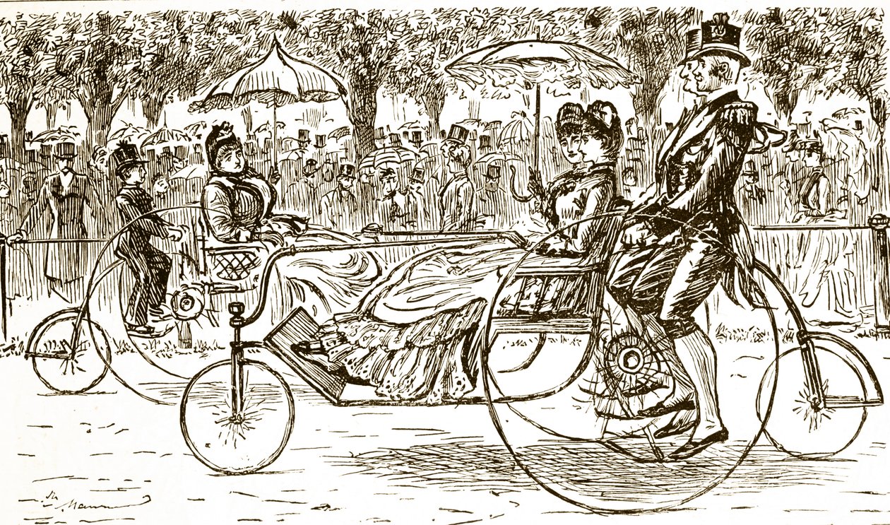 نقش يصور ركاب يركبون عربات دراجات. رسمه جورج دو مورييه (1834-1896) رسام كاريكاتير ومؤلف فرنسي بريطاني بواسطة جورج دو مورير