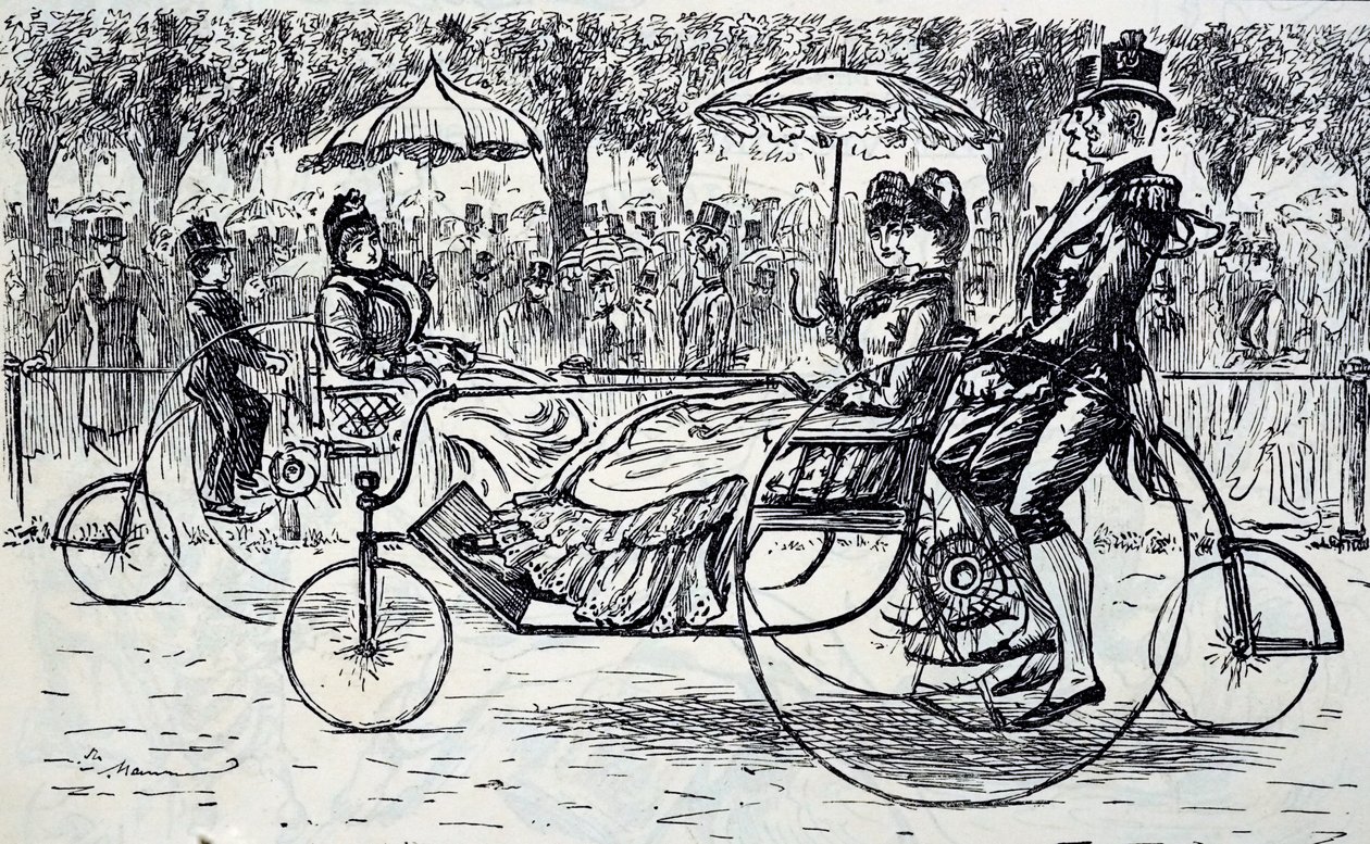 نقش يصور ركاب يركبون عربات دراجات. رسمه جورج دو مورييه (1834-1896) رسام كاريكاتير ومؤلف فرنسي بريطاني بواسطة جورج دو مورير