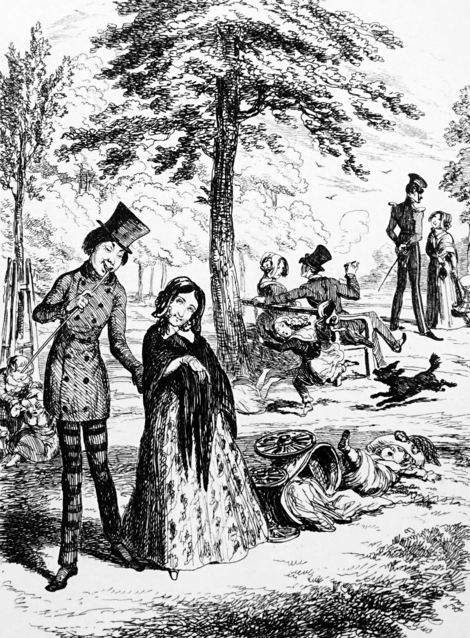 رسم كاريكاتوري يصور خادمة منزلية تمشي مع عشيقها بواسطة جورج دو مورييه (1834-1896) رسام كاريكاتير ومؤلف فرنسي بريطاني بواسطة جورج دو مورير