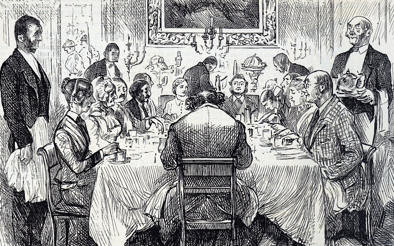 رسم كاريكاتوري يصور حفلة أنيقة في منزل من العصر الفيكتوري بواسطة جورج دو مورير