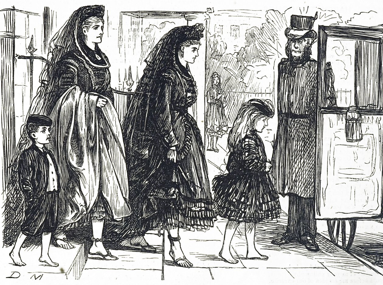 رسم كاريكاتوري يصور أشخاصًا يستخدمون أحذية طبيعية لتجنب تشوه القدمين بواسطة جورج دو مورير