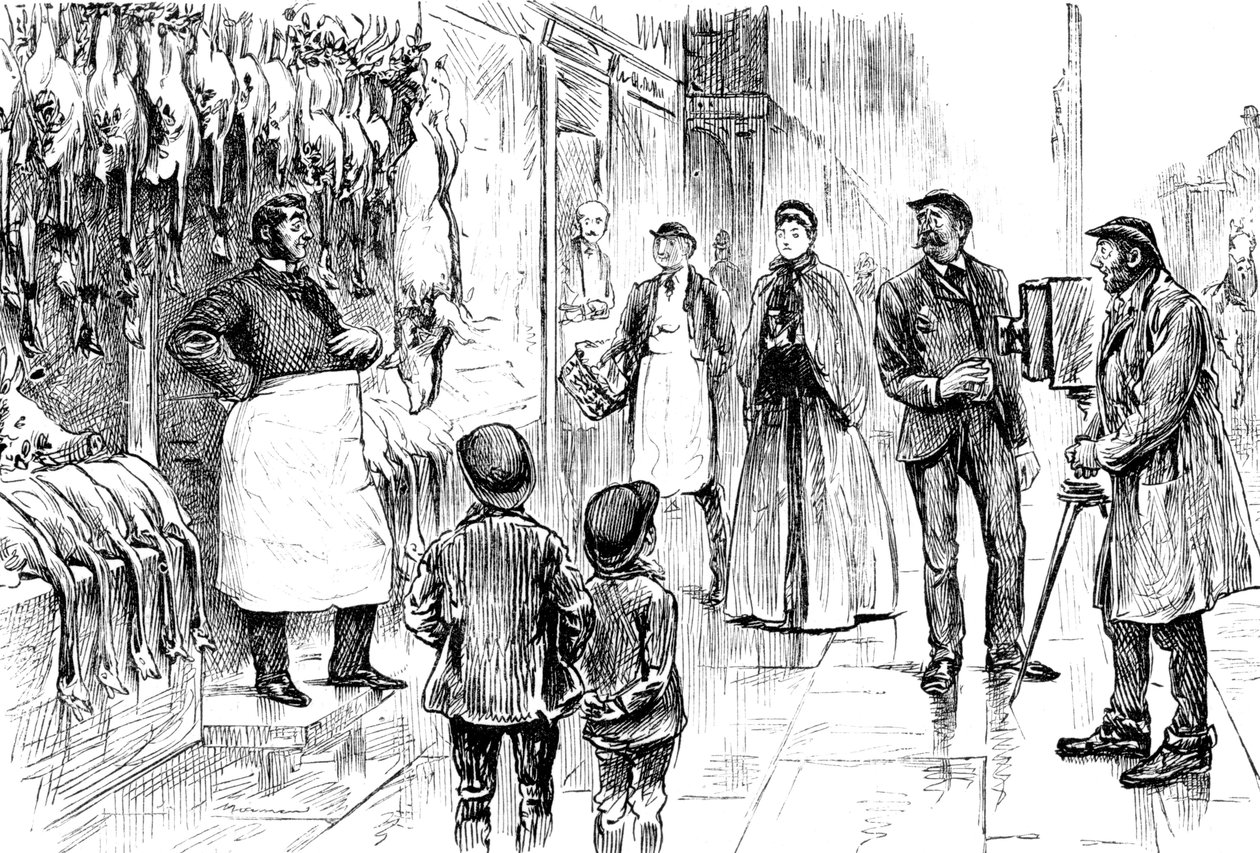 نقش يصور جزارًا و poulterer أمام عرض عيد الميلاد الخاص به بواسطة George du Maurier. جورج دو مورييه (1834-1896) رسام كاريكاتير ومؤلف فرنسي بريطاني. يعود تاريخه إلى القرن التاسع عشر © UIG / Leemage بواسطة جورج دو مورير