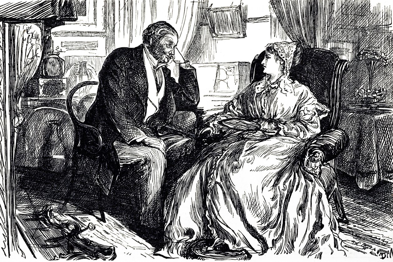 رسم كاريكاتوري لجورج دو مورييه يوضح رجل وامرأة في محادثة حول الفوائد المهدئة لزيت كبد سمك القد. إنجلترا 1869 بواسطة جورج دو مورير