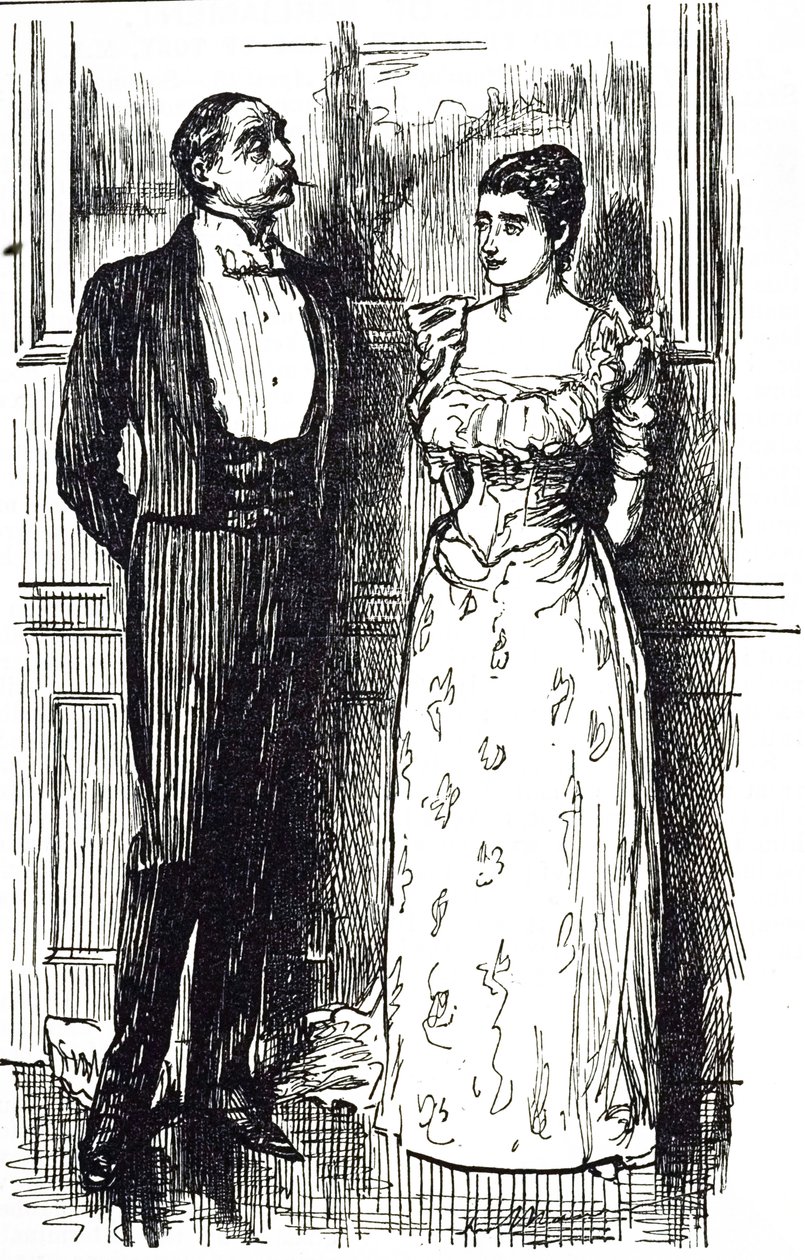 رسم كاريكاتوري لجورج دو مورييه يصور رجل وامرأة في محادثة في حدث مجتمعي ، إنجلترا 1891 بواسطة جورج دو مورير