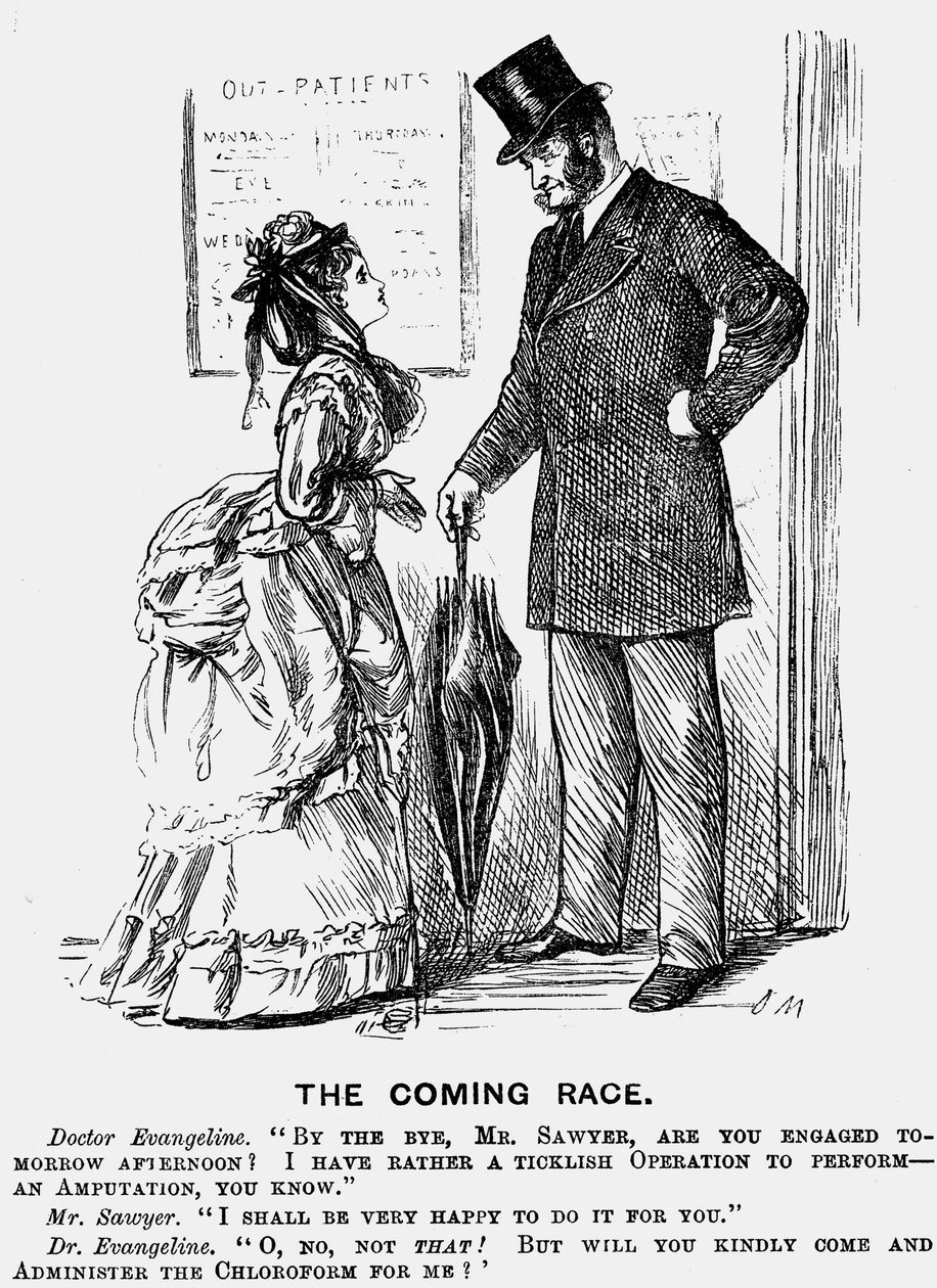السباق القادم. جراح المستقبل. رسم كاريكاتوري لجورج دو مورييه من Punch London في 14 سبتمبر 1872 يظهر موقف الرعاية الذي يمكن أن تتوقعه النساء في مهنة الطب من الزملاء الذكور. نقش. بواسطة جورج دو مورير