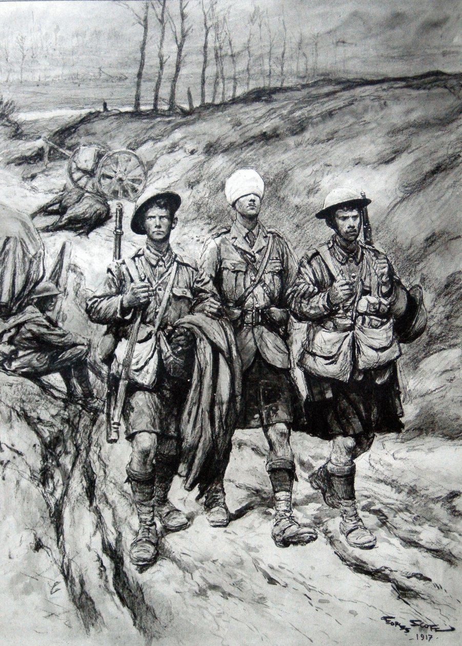 الجنود الاسكتلنديون يساعدون ضابطهم الجريح ، 1917 بواسطة جورج بيرتين سكوت