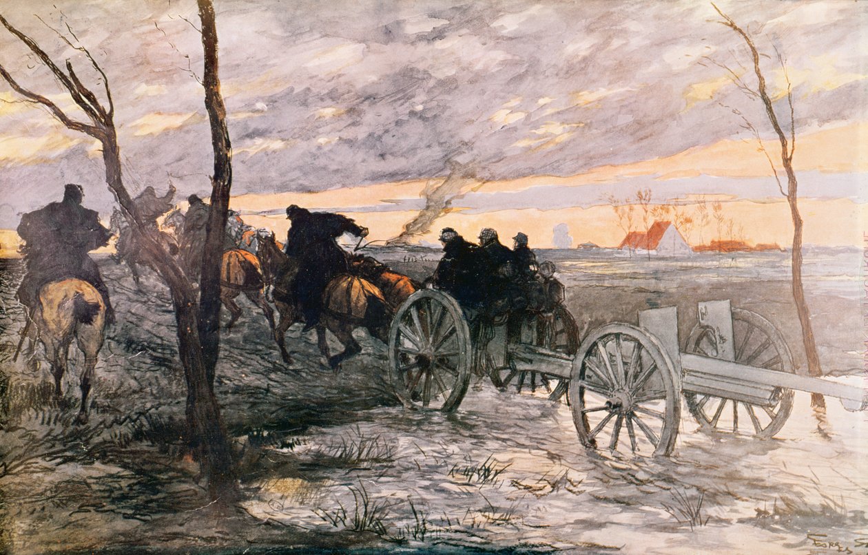 غروب الشمس في وادي يسر: 75 مدفع يتم توجيهه إلى موقع استراتيجي ، c.1914 بواسطة جورج بيرتين سكوت