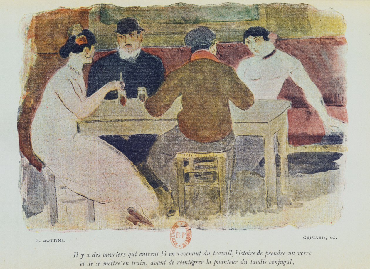 عمال يشربون ، رسم توضيحي من "La Maison Philibert" بقلم جان لورين (1855-1906) نُشر عام 1904 بواسطة جورج بوتيني