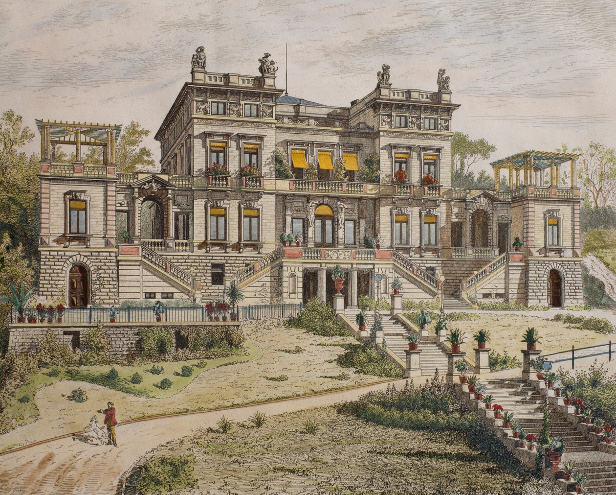 قلعة بالقرب من شتوتغارت ، واجهة الحديقة ، رسم توضيحي من "Le Moniteur des architectes" ، 1881 (نقش الألوان) بواسطة جورج فيليكس جارين