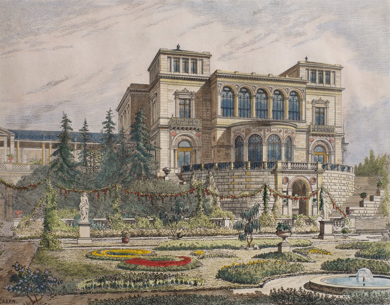 قلعة بالقرب من شتوتغارت ، واجهة أرضية ، رسم توضيحي من "Le Moniteur des architectes" ، 1881 (نقش الألوان) بواسطة جورج فيليكس جارين