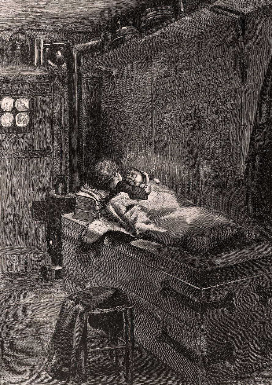 Gwynplaine و Dea ينامان على صدره - صورة توضيحية من L&39;Homme qui rit ، القرن التاسع عشر (نقش وزن الجسم) بواسطة جورج ماري روشجروس