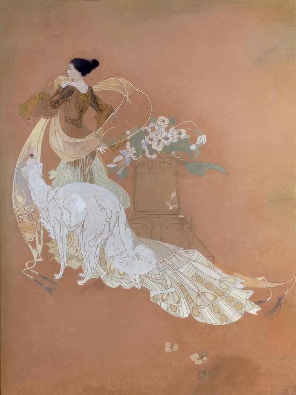 Georges de Feure ، Elegant Lady mit Barsoi - Gouache بواسطة جورج دي فيور