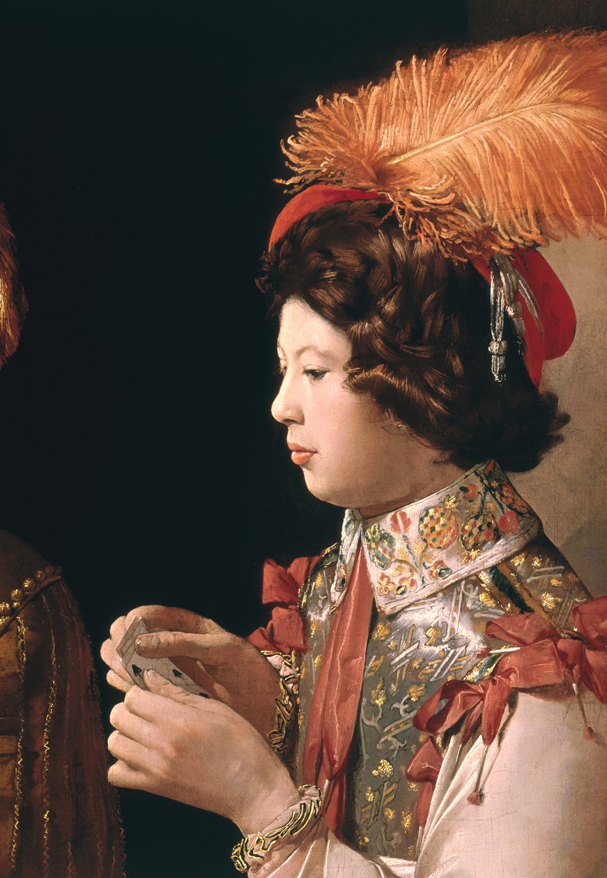 الغش مع الآس الماس ، التفاصيل التي تصور لاعب البطاقة الذكور مع القبعة ذات الريش ، c.1635-40 (تفاصيل 90053) بواسطة جورج دي لا تور